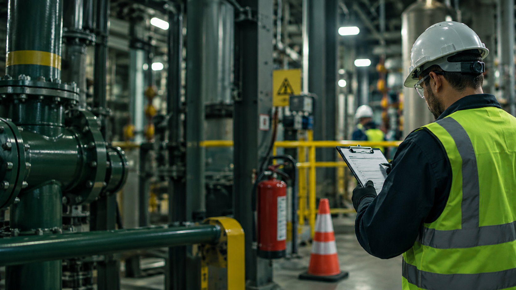Profissional realizando inspeção industrial com prancheta